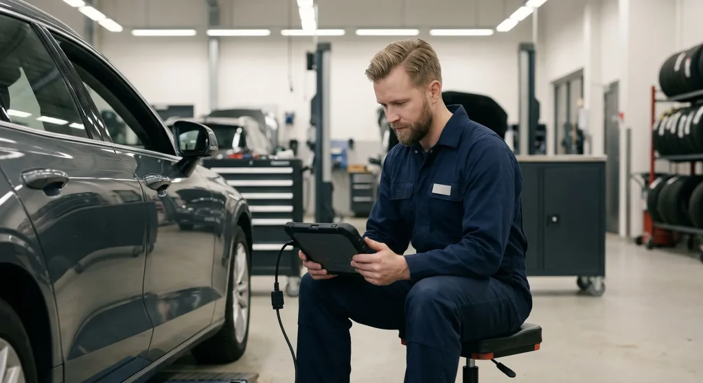 Mekaniker utför digital felsökning på bil