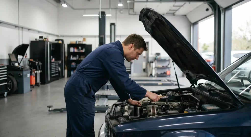Mekaniker inspekterar under motorhuven