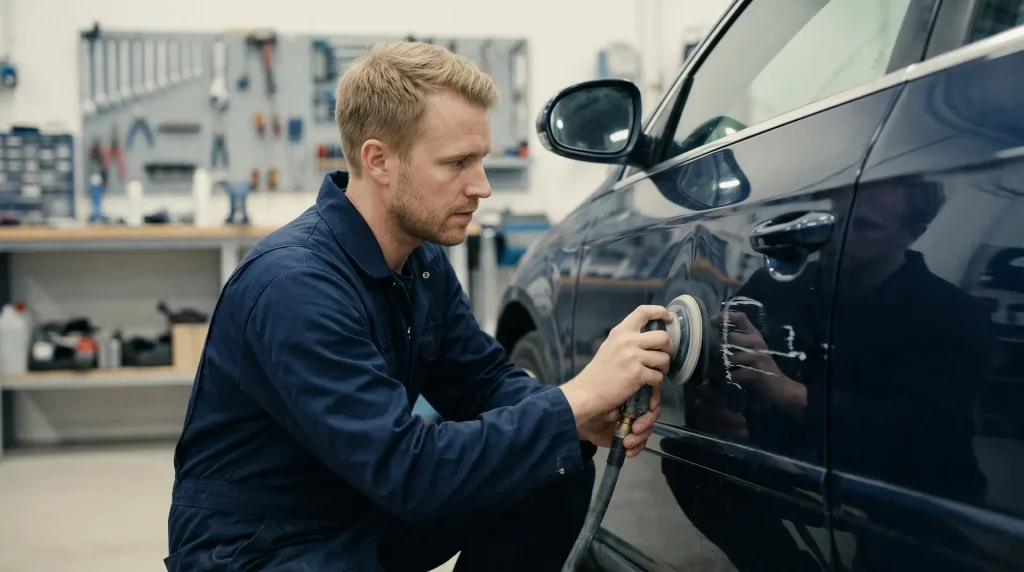 Mekaniker slipar bilkaross inför lackning