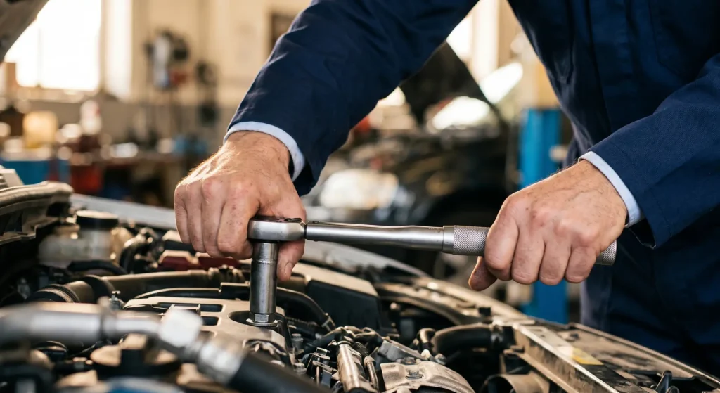 Mekaniker arbetar med bilmotor i verkstad